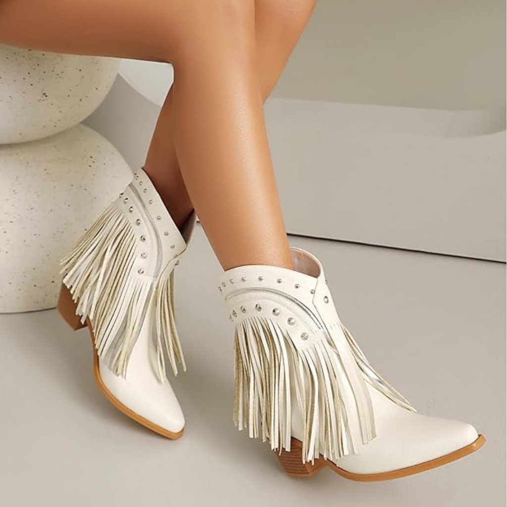New! Cowboy Boots For Women Ankle Western Fringe Booties With Low Heel-White